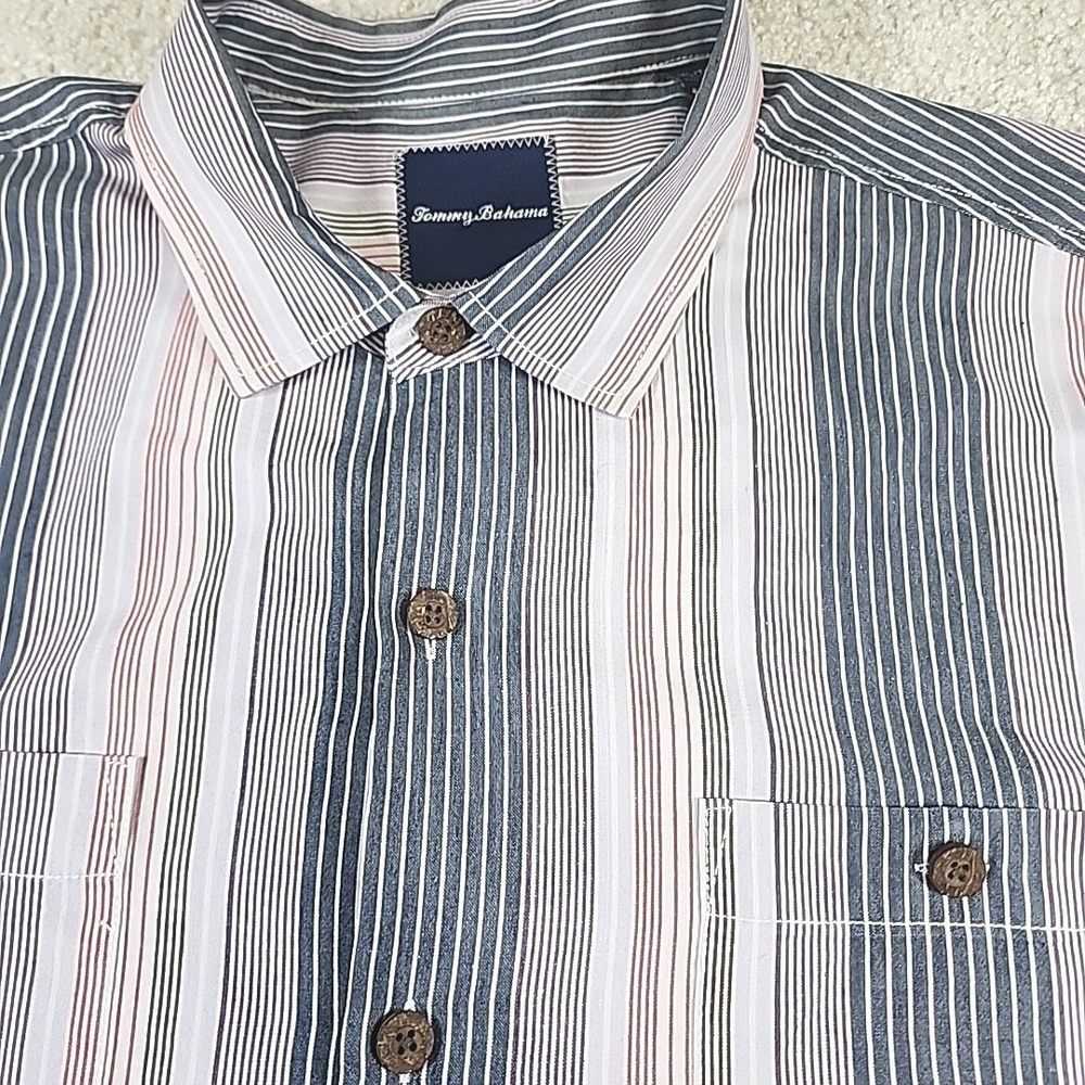 Tommy Bahama IslandZone Shirt‎ Mens XL Blue White Red Striped Silk Blend